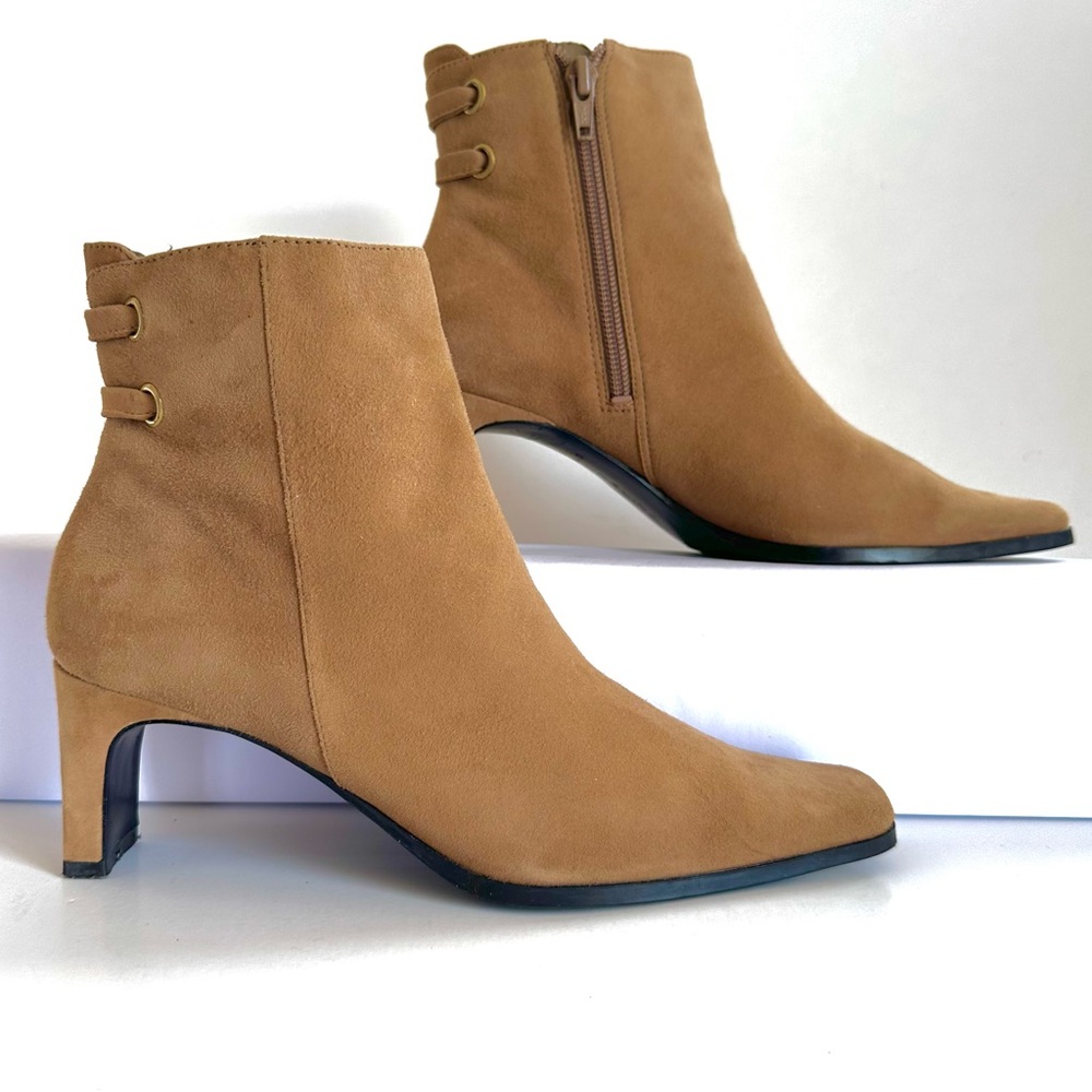 BANDOLINO TAN SUEDE SQUARE TOE SIDE-ZIP ANKLE BOOTS BOOTIES EUC Sz6